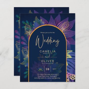 Peacock Blue Jewel Tones Floral Gold Text Wedding