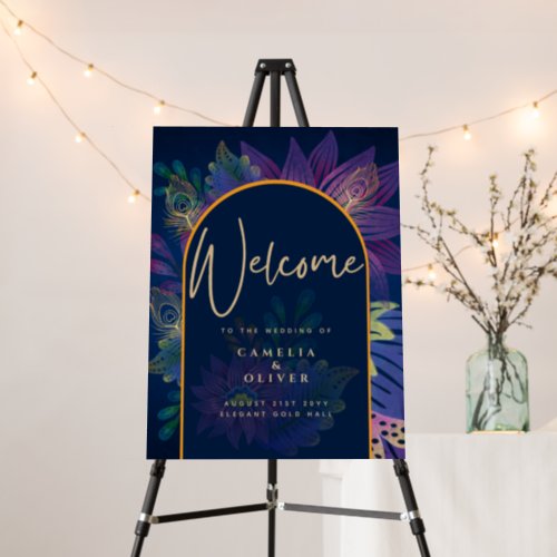 Peacock Blue Jewel Tones Floral Gold Text Wedding Foam Board