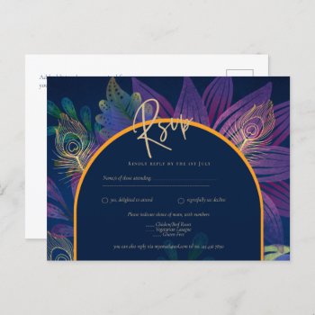 Peacock Blue Jewel Tones Floral Gold Text Wedding Postcard