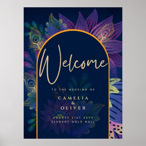 Peacock Blue Jewel Tones Floral Gold Text Wedding Poster