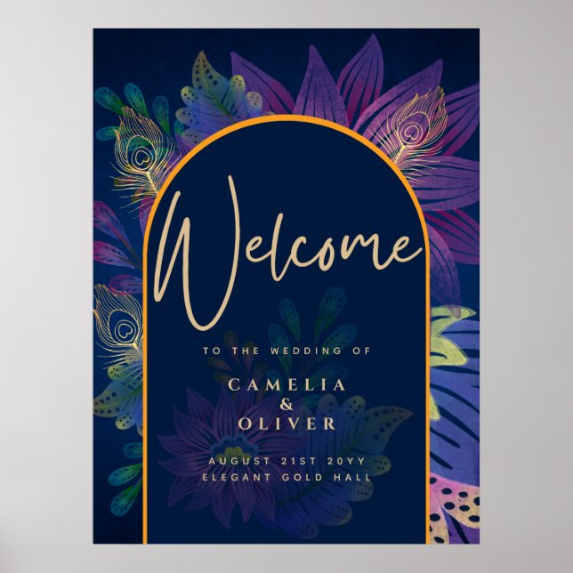 Peacock Blue Jewel Tones Floral Gold Text Wedding Poster (Front)