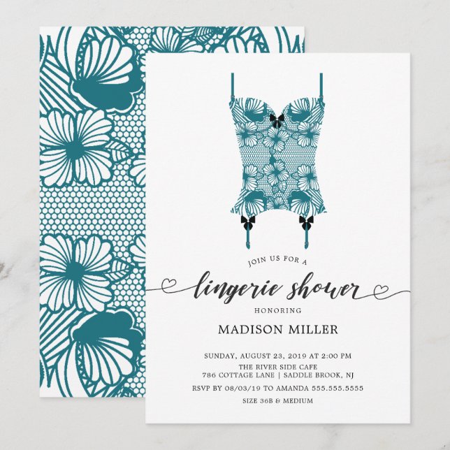 Peacock Blue Lace Corset Bridal Lingerie Shower Invitation (Front/Back)