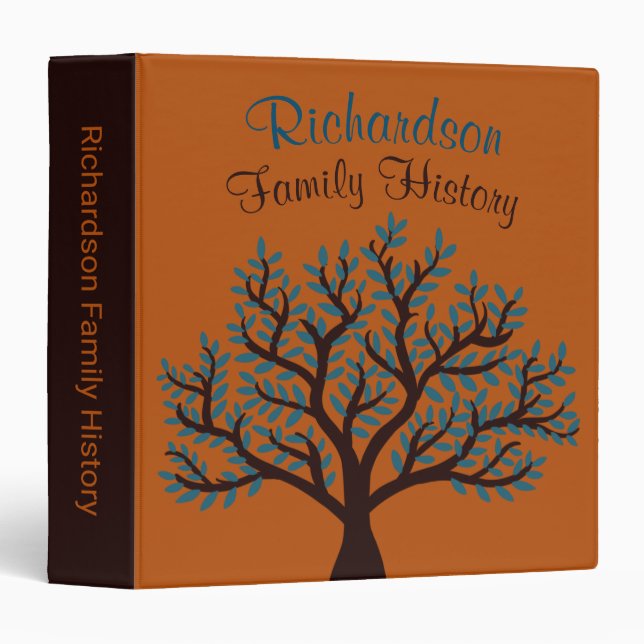 Peacock Blue Leaves Brown Family History Genealogy 3 Ring Binder (Front/Spine)