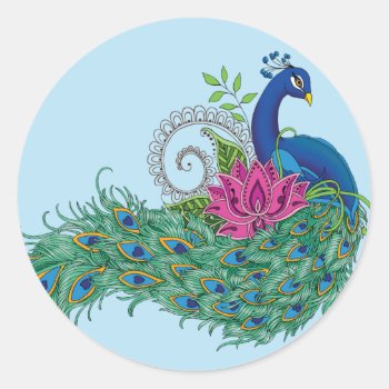 Peacock Blue Lotus Flower Henna Classic Round Sticker by tigressdragon at Zazzle