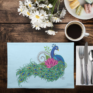 Peacock Blue Lotus Flower Henna Cloth Placemat