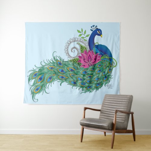 Peacock Blue Lotus Flower Henna Tapestry