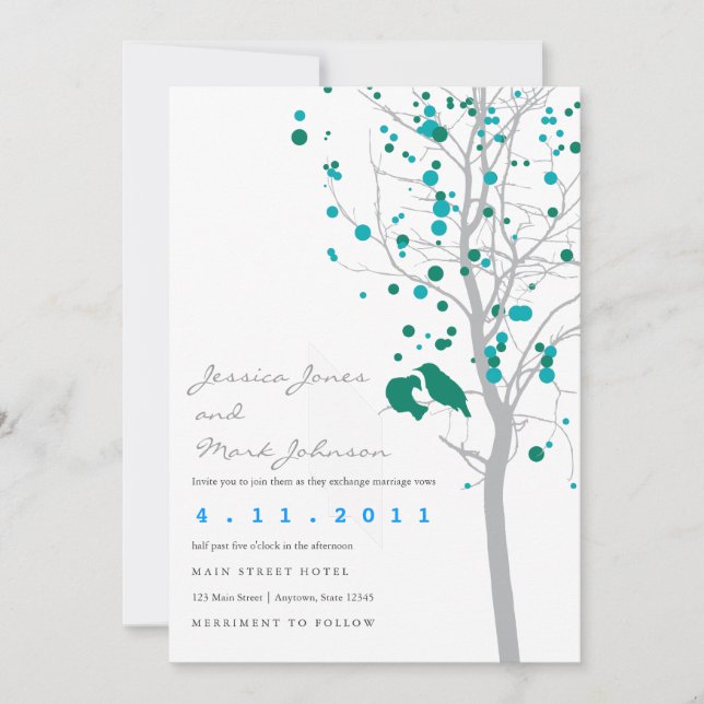 Peacock Blue Love Birds in Tree with Gray Leaves Invitation (Front)
