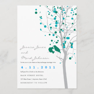 Peacock Blue Love Birds in Tree with Gray Leaves Invitation