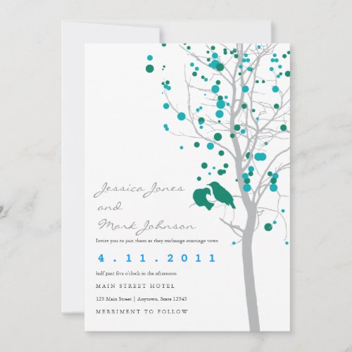 Peacock Blue Love Birds in Tree with Gray Leaves Invitations