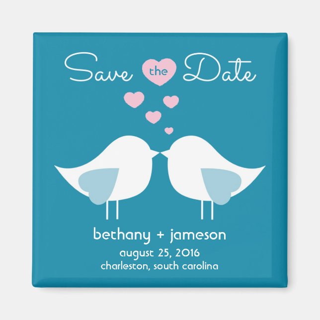 Peacock Blue Love Birds Save the Date Magnet (Front)
