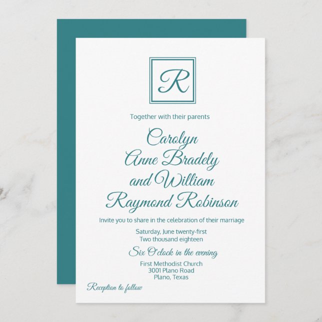 Peacock  Blue Monogrammed Wedding Invitation (Front/Back)