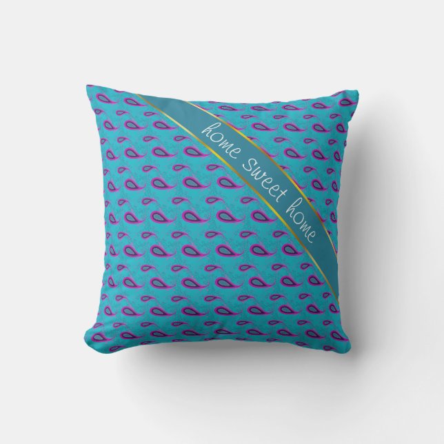 Peacock Blue Paisley Throw Pillow (Front)