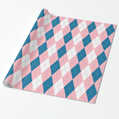 Peacock Blue Pink Dk Gray Wht XL Argyle Wrapping Paper