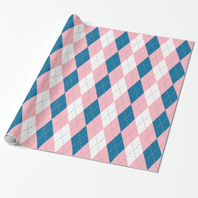 Peacock Blue Pink Dk Gray Wht XL Argyle Wrapping Paper (Unrolled)