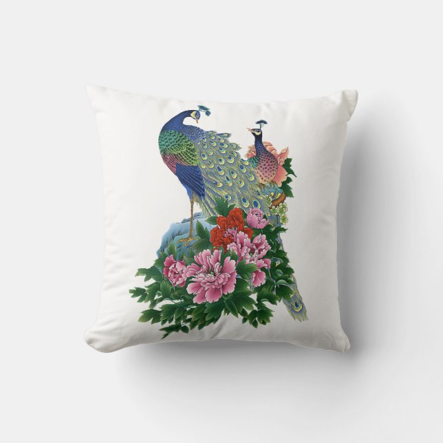 Peacock Blue Pink Roses Green Flowers Floral Bird Throw Pillow (Front)