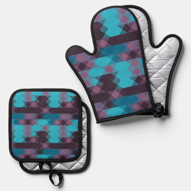 peacock blue, purple, topaz blue and thunder oven mitt & pot holder set (Front/Back)