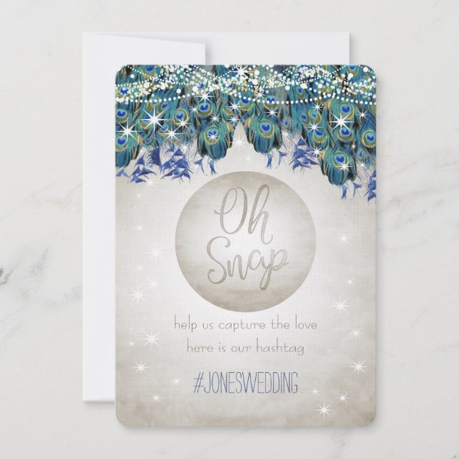 Peacock Blue Silver OH Snap Wedding Hashtag Cards (Front)