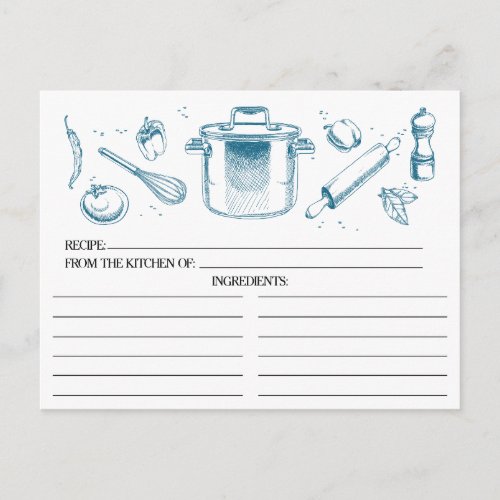 Peacock Blue Sketched Kitchen Tools Recipe Cards