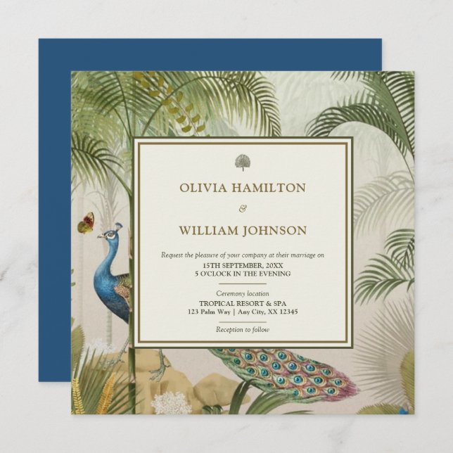 Peacock Blue Square Tropical Peacock Palm Wedding Invitation (Front/Back)