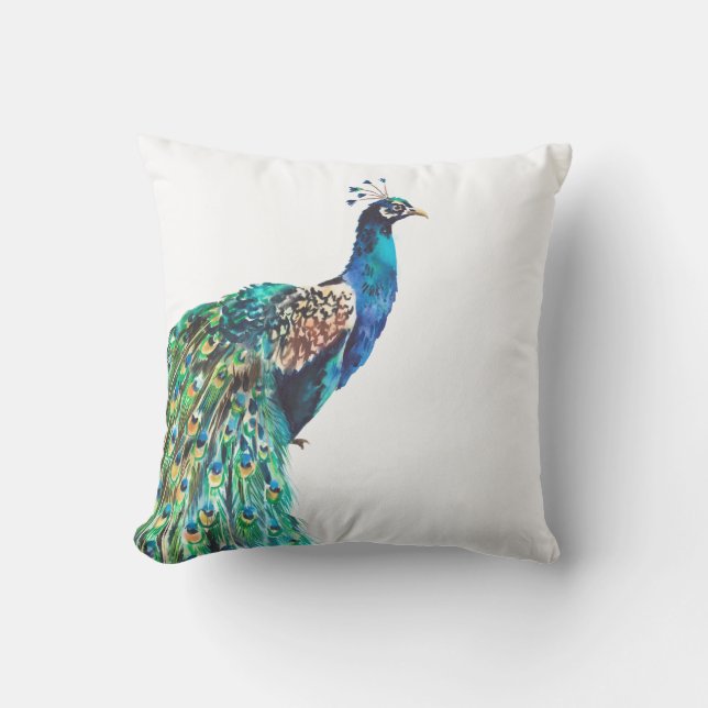 Peacock Blue Teal Bird White Outdoor Pillow (Front)