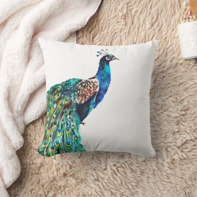 Peacock Blue Teal Bird White Throw Pillow (Blanket)