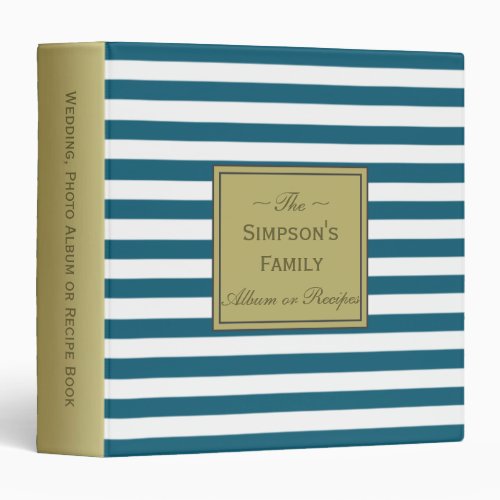 Peacock Blue Teal Striped Wedding Photos Recipes 3 Ring Binder