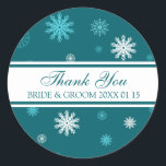 Peacock Blue Thank You Winter Wedding Favor Tags<br><div class="desc">Winter Wedding Thank  You favor tag stickers in elegant aqua turquoise teal blue,  and white festive snowflakes pattern. Perfect for a christmas or winter wedding. A great way to decorate wedding favors or to label wedding wine.</div>