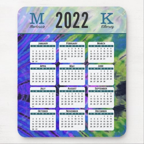 Peacock Blue Tie Dye 2022 Calendar Monogram Name Mouse Pad