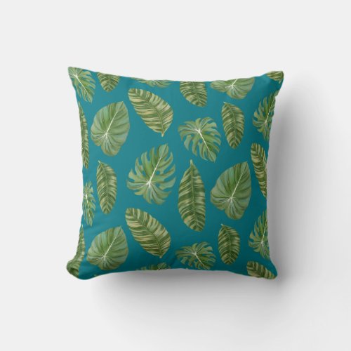 Peacock Blue Tropical Leaves Modern Stylish Art Throw Pillow