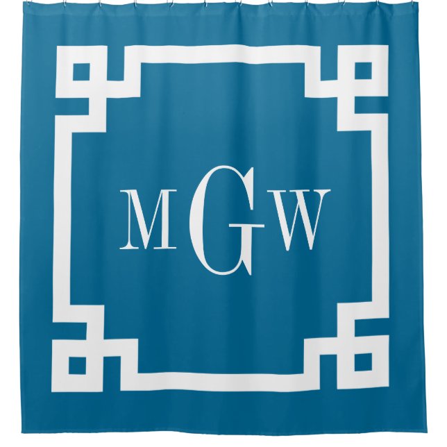 Peacock Blue White Greek Key #2 Framed 3I Monogram Shower Curtain (Front)