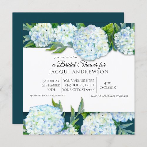 Peacock Blue White Hydrangeas Floral Bridal Shower Invitation