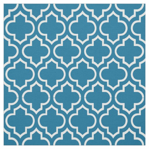 Peacock Blue, White Moroccan Quatrefoil #6 Fabric