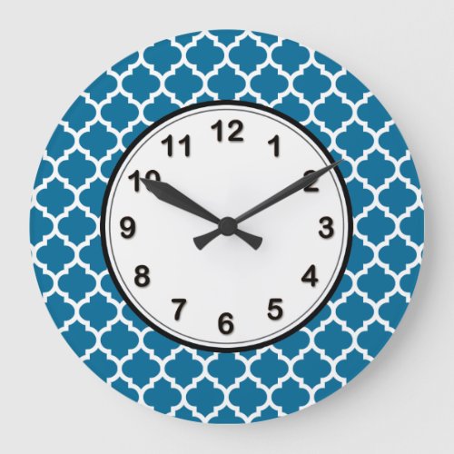 Peacock Blue White Moroccan Quatrefoil Pattern 5 Large Clock