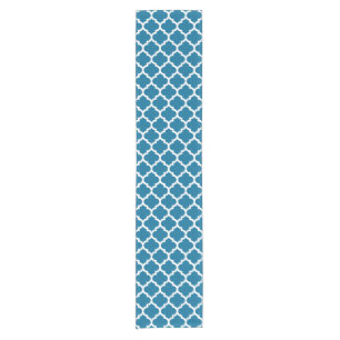 Peacock Blue White Moroccan Quatrefoil Pattern #5 Short Table Runner