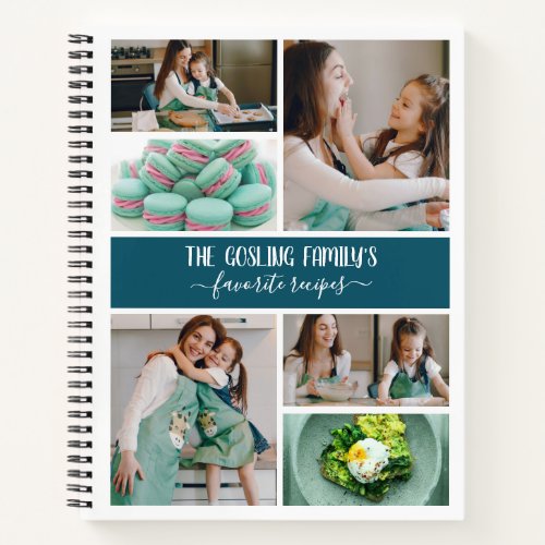 Peacock Blue White Photo Collage Family Recipes Notebook