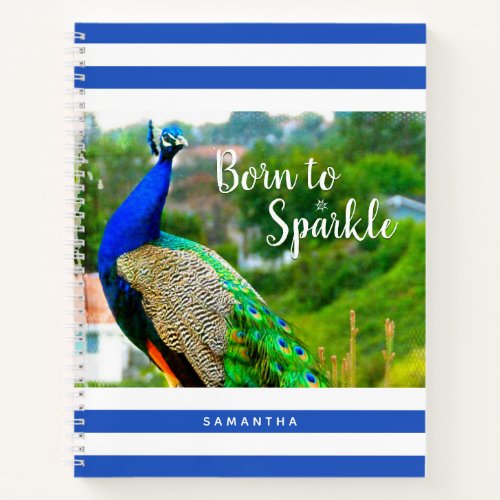 Peacock Blue White Stripes Born to Sparkle Modern Notebook