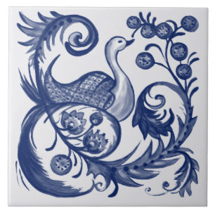 Peacock Blue White Swirl Vintage Folk Design Ceramic Tile