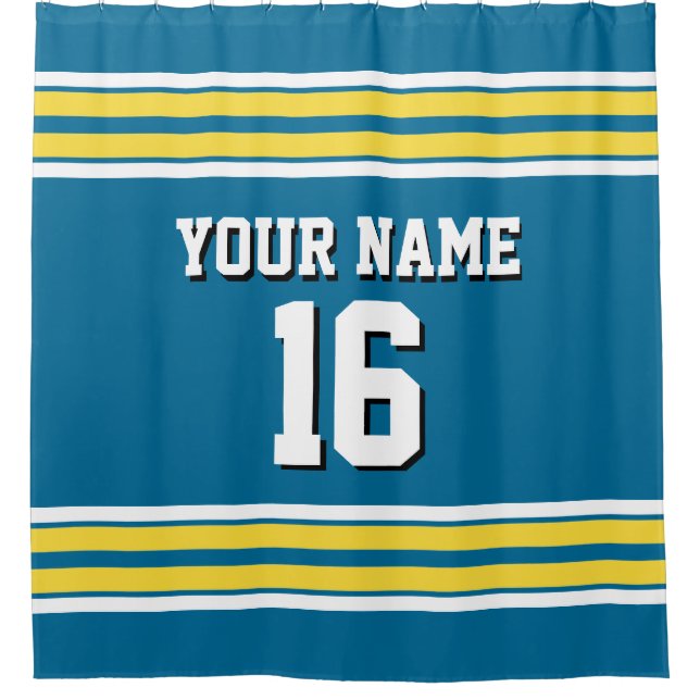 Peacock Blue Yellow White Stripes Sports Jersey Shower Curtain (Front)