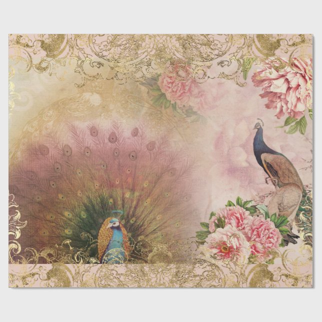 Peacock Blush Pink Peony Floral Gold Decoupage Wrapping Paper (Flat)
