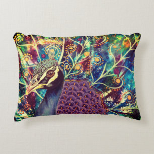 Peacock bohemian art colorful boho purple gold accent pillow