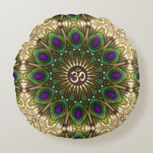 Peacock Bohemian Mandala OM Yoga Round Cushion