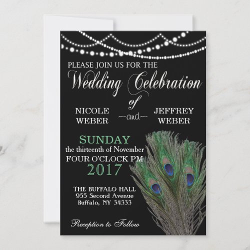 Peacock Boho Country Black Wedding Invitation