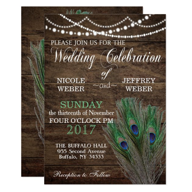 Peacock Boho Country Wood Wedding Invitation