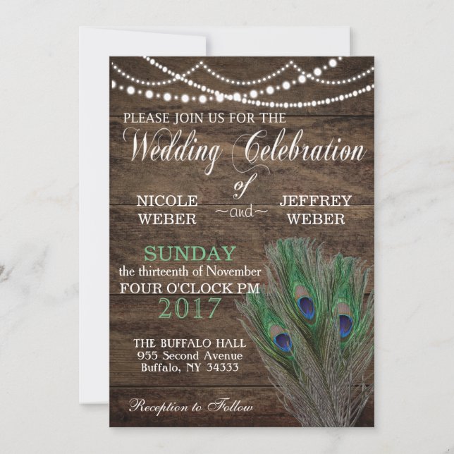 Peacock Boho Country Wood Wedding Invitation (Front)