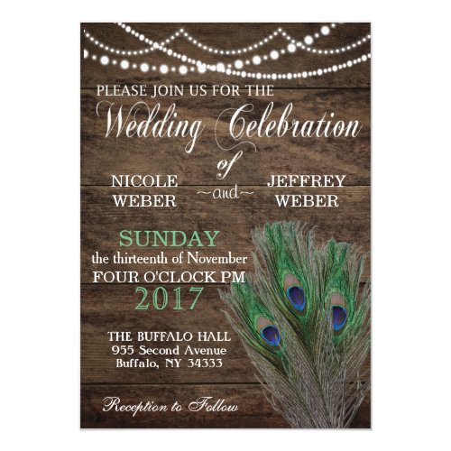 peacock boho country wood wedding invitation