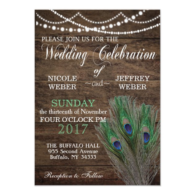 Peacock Boho Country Wood Wedding Invitation