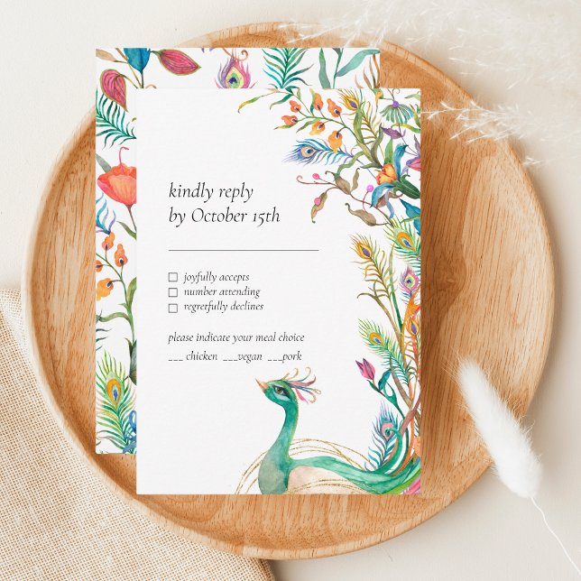 Peacock Botanical Floral Vibrant Colorful RSVP Enclosure Card (Creator Uploaded)