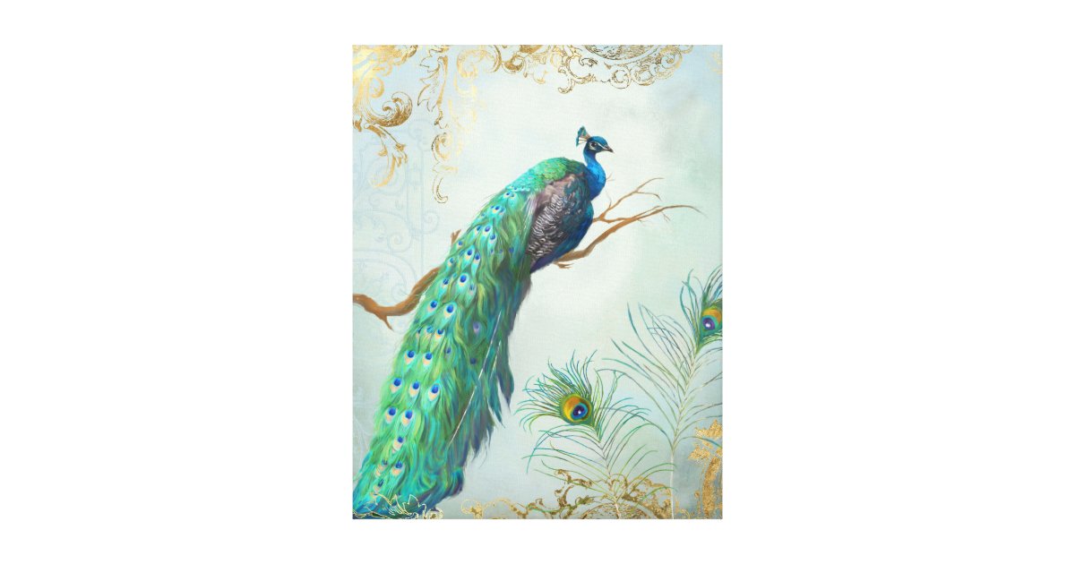 Peacock Branch Full Tail Feathers Gold Leaf Look Canvas Print | Zazzle