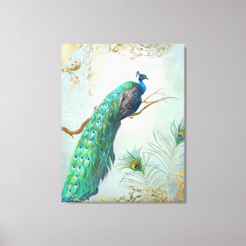 Peacock Branch Full Tail Feathers Gold Leaf Look Canvas Print