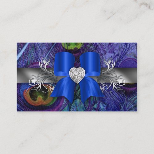 Peacock Business Card Blue Bow Silver